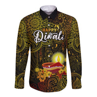 Happy Diwali Festival Long Sleeve Button Shirt Diya Lamp Hibiscus Polynesian Pattern LT05 Unisex Yellow - Polynesian Pride