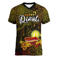 happy-diwali-festival-women-v-neck-t-shirt-diya-lamp-hibiscus-polynesian-pattern