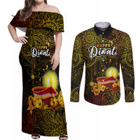 personalized-happy-diwali-festival-couples-matching-off-shoulder-maxi-dress-and-long-sleeve-button-shirts-diya-lamp-hibiscus-polynesian-pattern