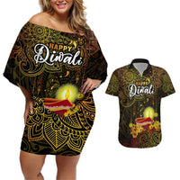 Personalized Happy Diwali Festival Couples Matching Off Shoulder Short Dress and Hawaiian Shirt Diya Lamp Hibiscus Polynesian Pattern LT05 Yellow - Polynesian Pride