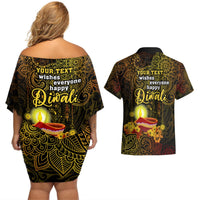 Personalized Happy Diwali Festival Couples Matching Off Shoulder Short Dress and Hawaiian Shirt Diya Lamp Hibiscus Polynesian Pattern LT05 - Polynesian Pride