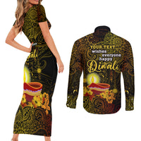 personalized-happy-diwali-festival-couples-matching-short-sleeve-bodycon-dress-and-long-sleeve-button-shirts-diya-lamp-hibiscus-polynesian-pattern