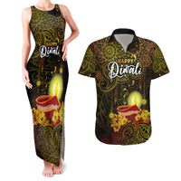 personalized-happy-diwali-festival-couples-matching-tank-maxi-dress-and-hawaiian-shirt-diya-lamp-hibiscus-polynesian-pattern