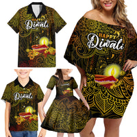 Personalized Happy Diwali Festival Family Matching Off Shoulder Short Dress and Hawaiian Shirt Diya Lamp Hibiscus Polynesian Pattern LT05 - Polynesian Pride