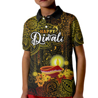 Personalized Happy Diwali Festival Kid Polo Shirt Diya Lamp Hibiscus Polynesian Pattern LT05 Kid Yellow - Polynesian Pride