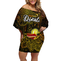 Personalized Happy Diwali Festival Off Shoulder Short Dress Diya Lamp Hibiscus Polynesian Pattern LT05 Women Yellow - Polynesian Pride