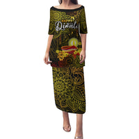 Personalized Happy Diwali Festival Puletasi Diya Lamp Hibiscus Polynesian Pattern LT05 Long Dress Yellow - Polynesian Pride