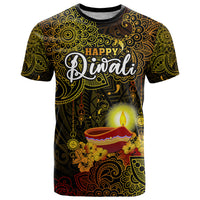 Personalized Happy Diwali Festival T Shirt Diya Lamp Hibiscus Polynesian Pattern LT05 Yellow - Polynesian Pride