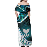 Aotearoa New Zealand Off Shoulder Maxi Dress Maori Wera Paua Shell Teal Glitter LT05 - Polynesian Pride
