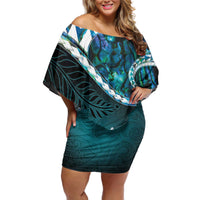 Aotearoa New Zealand Off Shoulder Short Dress Maori Wera Paua Shell Teal Glitter LT05 Women Teal - Polynesian Pride