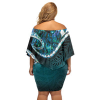 Aotearoa New Zealand Off Shoulder Short Dress Maori Wera Paua Shell Teal Glitter LT05 - Polynesian Pride
