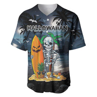 Personalised Hawaii Halloween Baseball Jersey Hallowaiian Skeleton Surf LT05 Black - Polynesian Pride