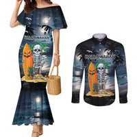 Personalised Hawaii Halloween Couples Matching Mermaid Dress and Long Sleeve Button Shirt Hallowaiian Skeleton Surf