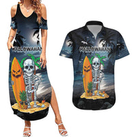 Personalised Hawaii Halloween Couples Matching Summer Maxi Dress and Hawaiian Shirt Hallowaiian Skeleton Surf LT05 Black - Polynesian Pride