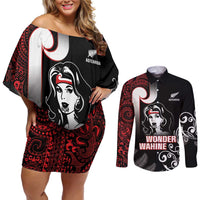 New Zealand Aotearoa Mana Wahine Couples Matching Off Shoulder Short Dress and Long Sleeve Button Shirt LT05 Black - Polynesian Pride