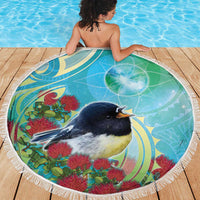 New Zealand Tomtit Beach Blanket Maori Koru With Pohutukawa Galaxy Style - Polynesian Pride