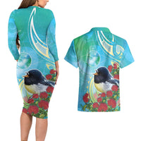 New Zealand Tomtit Couples Matching Long Sleeve Bodycon Dress and Hawaiian Shirt Maori Koru With Pohutukawa Galaxy Style - Polynesian Pride