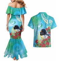 New Zealand Tomtit Couples Matching Mermaid Dress and Hawaiian Shirt Maori Koru With Pohutukawa Galaxy Style - Polynesian Pride