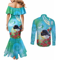 New Zealand Tomtit Couples Matching Mermaid Dress and Long Sleeve Button Shirt Maori Koru With Pohutukawa Galaxy Style - Polynesian Pride