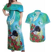 New Zealand Tomtit Couples Matching Off Shoulder Maxi Dress and Hawaiian Shirt Maori Koru With Pohutukawa Galaxy Style - Polynesian Pride