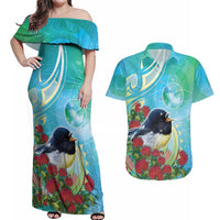 New Zealand Tomtit Couples Matching Off Shoulder Maxi Dress and Hawaiian Shirt Maori Koru With Pohutukawa Galaxy Style - Polynesian Pride