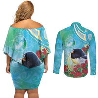 New Zealand Tomtit Couples Matching Off Shoulder Short Dress and Long Sleeve Button Shirt Maori Koru With Pohutukawa Galaxy Style - Polynesian Pride