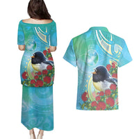 New Zealand Tomtit Couples Matching Puletasi and Hawaiian Shirt Maori Koru With Pohutukawa Galaxy Style - Polynesian Pride