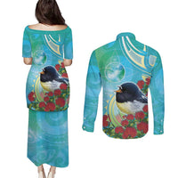 New Zealand Tomtit Couples Matching Puletasi and Long Sleeve Button Shirt Maori Koru With Pohutukawa Galaxy Style - Polynesian Pride