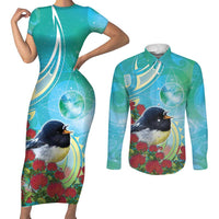 New Zealand Tomtit Couples Matching Short Sleeve Bodycon Dress and Long Sleeve Button Shirt Maori Koru With Pohutukawa Galaxy Style - Polynesian Pride