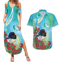 New Zealand Tomtit Couples Matching Summer Maxi Dress and Hawaiian Shirt Maori Koru With Pohutukawa Galaxy Style - Polynesian Pride