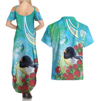 New Zealand Tomtit Couples Matching Summer Maxi Dress and Hawaiian Shirt Maori Koru With Pohutukawa Galaxy Style - Polynesian Pride
