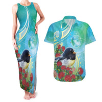 New Zealand Tomtit Couples Matching Tank Maxi Dress and Hawaiian Shirt Maori Koru With Pohutukawa Galaxy Style - Polynesian Pride
