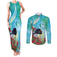 New Zealand Tomtit Couples Matching Tank Maxi Dress and Long Sleeve Button Shirt Maori Koru With Pohutukawa Galaxy Style - Polynesian Pride