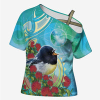New Zealand Tomtit Cross Shoulder Shirt Maori Koru With Pohutukawa Galaxy Style LT05 Female Aqua - Polynesian Pride