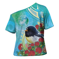 New Zealand Tomtit Cross Shoulder Shirt Maori Koru With Pohutukawa Galaxy Style LT05 - Polynesian Pride