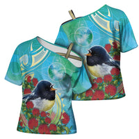 New Zealand Tomtit Cross Shoulder Shirt Maori Koru With Pohutukawa Galaxy Style LT05 - Polynesian Pride
