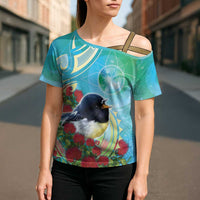 New Zealand Tomtit Cross Shoulder Shirt Maori Koru With Pohutukawa Galaxy Style LT05 - Polynesian Pride