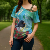 New Zealand Tomtit Cross Shoulder Shirt Maori Koru With Pohutukawa Galaxy Style LT05 - Polynesian Pride