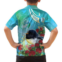 New Zealand Tomtit Family Matching Long Sleeve Bodycon Dress and Hawaiian Shirt Maori Koru With Pohutukawa Galaxy Style - Polynesian Pride