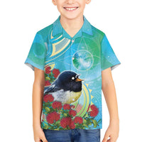 New Zealand Tomtit Family Matching Mermaid Dress and Hawaiian Shirt Maori Koru With Pohutukawa Galaxy Style - Polynesian Pride