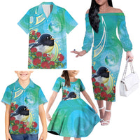 New Zealand Tomtit Family Matching Off The Shoulder Long Sleeve Dress and Hawaiian Shirt Maori Koru With Pohutukawa Galaxy Style - Polynesian Pride