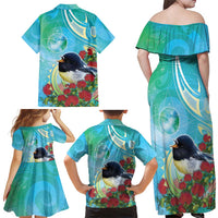 New Zealand Tomtit Family Matching Off Shoulder Maxi Dress and Hawaiian Shirt Maori Koru With Pohutukawa Galaxy Style - Polynesian Pride