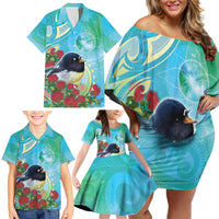 New Zealand Tomtit Family Matching Off Shoulder Short Dress and Hawaiian Shirt Maori Koru With Pohutukawa Galaxy Style - Polynesian Pride