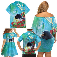 New Zealand Tomtit Family Matching Off Shoulder Short Dress and Hawaiian Shirt Maori Koru With Pohutukawa Galaxy Style - Polynesian Pride
