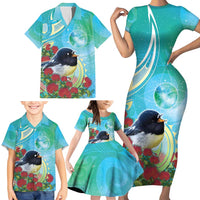 New Zealand Tomtit Family Matching Short Sleeve Bodycon Dress and Hawaiian Shirt Maori Koru With Pohutukawa Galaxy Style - Polynesian Pride
