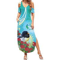 New Zealand Tomtit Family Matching Summer Maxi Dress and Hawaiian Shirt Maori Koru With Pohutukawa Galaxy Style - Polynesian Pride