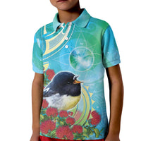 New Zealand Tomtit Kid Polo Shirt Maori Koru With Pohutukawa Galaxy Style LT05 Kid Aqua - Polynesian Pride