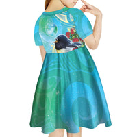 New Zealand Tomtit Kid Short Sleeve Dress Maori Koru With Pohutukawa Galaxy Style - Polynesian Pride