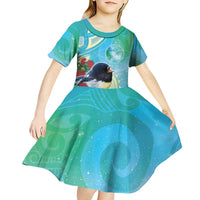 New Zealand Tomtit Kid Short Sleeve Dress Maori Koru With Pohutukawa Galaxy Style - Polynesian Pride