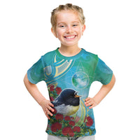 New Zealand Tomtit Kid T Shirt Maori Koru With Pohutukawa Galaxy Style LT05 Aqua - Polynesian Pride